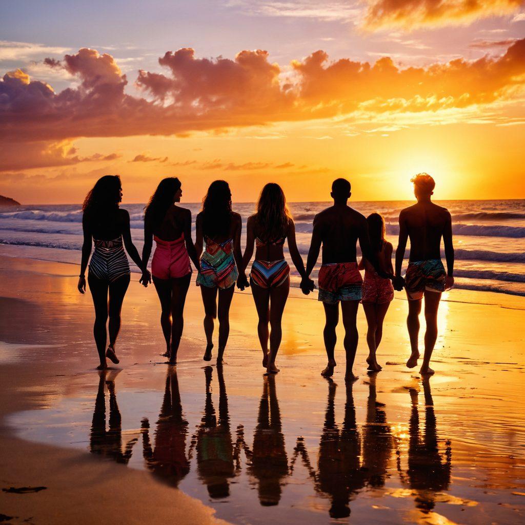 A poignant scene on a sun-kissed beach, showcasing a group of diverse friends in colorful beachwear, sharing heartfelt moments of laughter and tears. Waves gently lap at their feet as a vibrant sunset casts a warm glow, with footprints in the sand leading to their memories. The emotions are palpable and the atmosphere is nostalgic, capturing the essence of friendship and life's bittersweet moments. surrealistic. warm colors. high contrast.